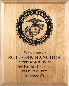 USMC Laser Engraved Alder Wood Plaque